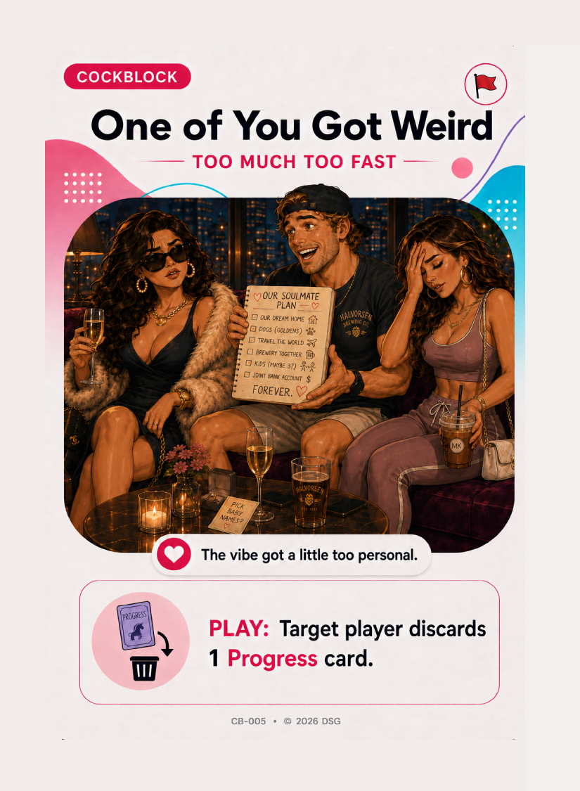 Weird Cockblock card from Unicorn Hunters