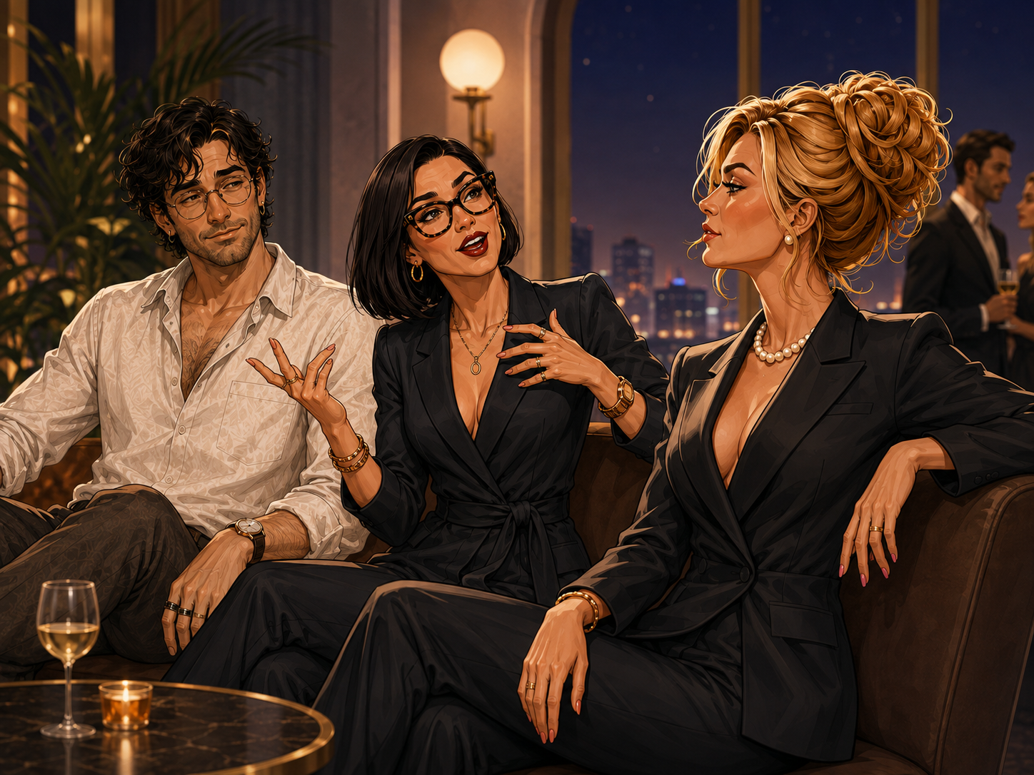 Tessa Vale and Rowan Pike talking with Karen at an upscale social event.