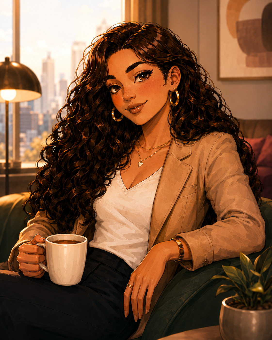 Maya relaxing with coffee