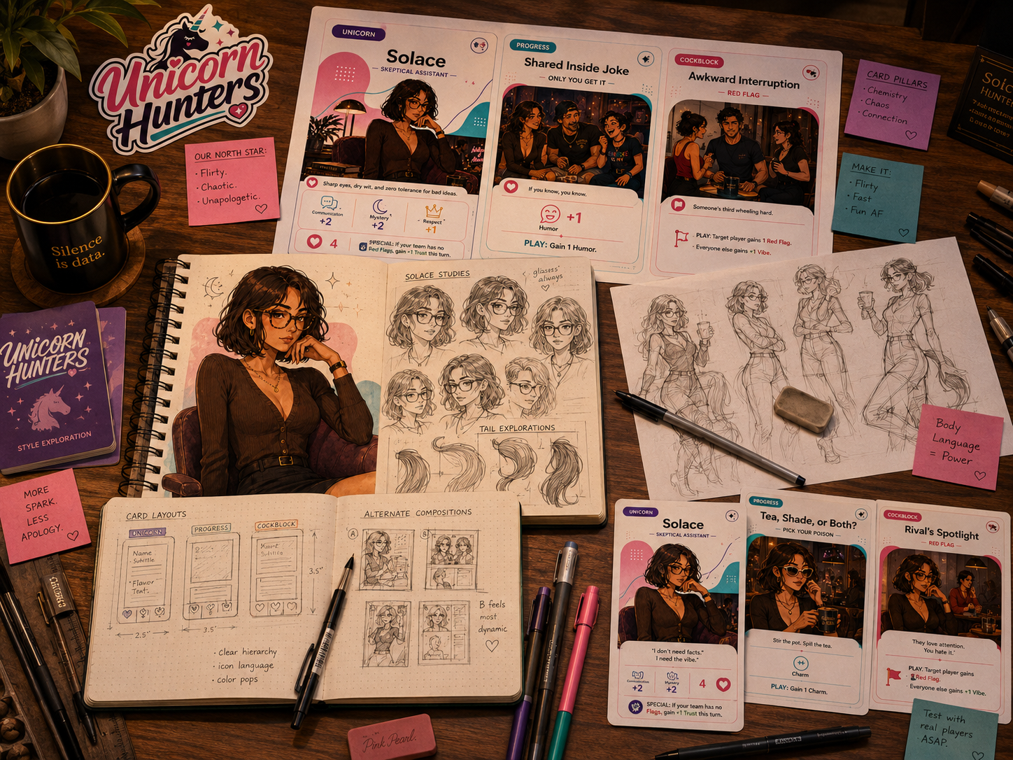 Fulgens Game Studio workbench with Solace character sketches, card layout explorations, and development materials.