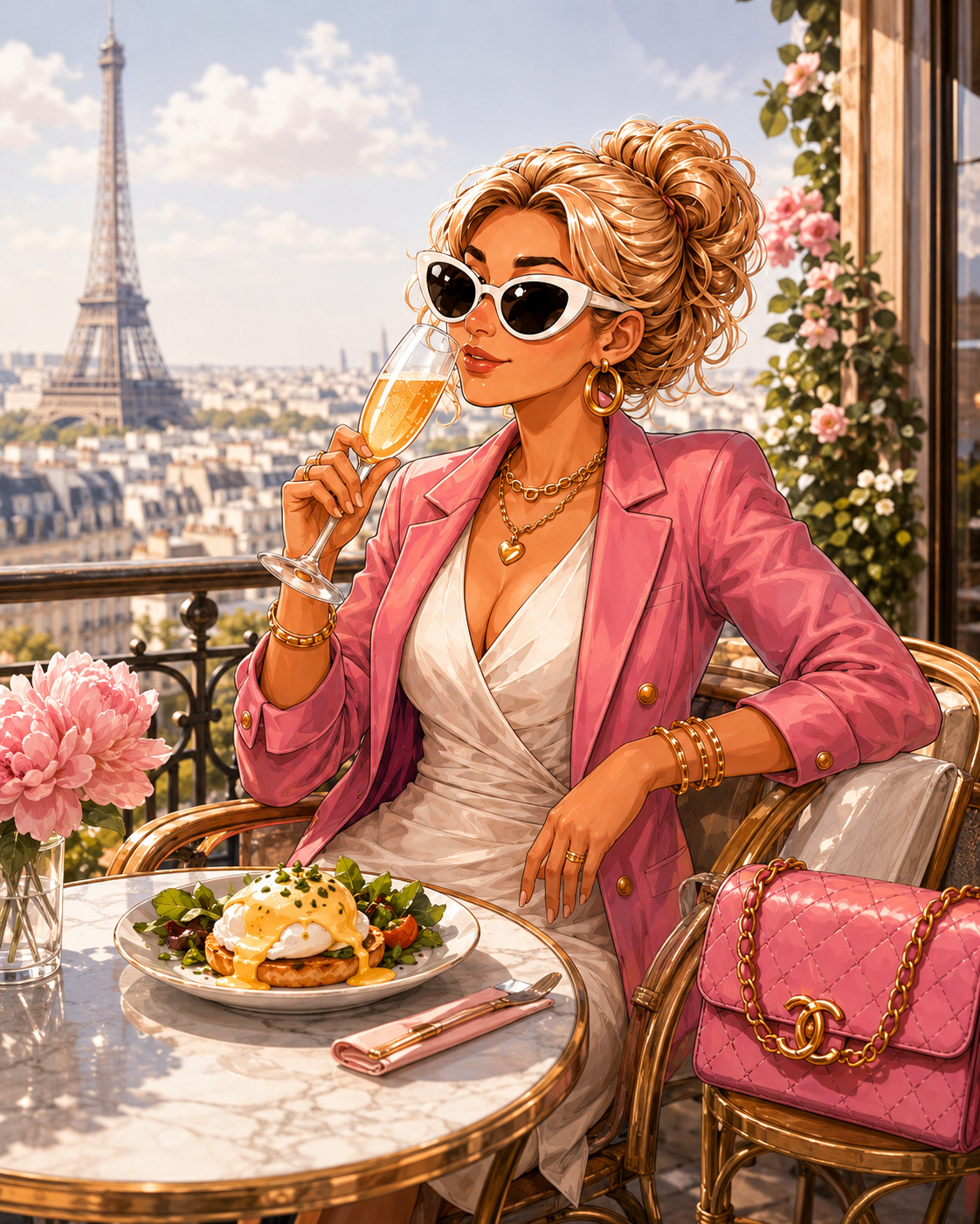Tiffany enjoying brunch on a Paris balcony
