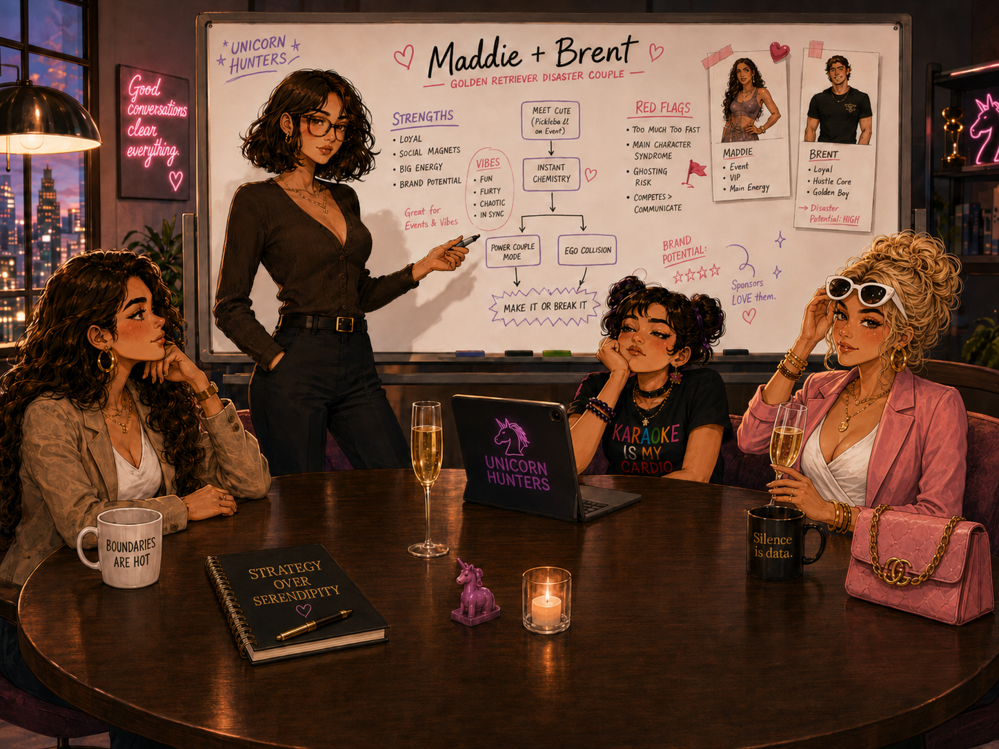 Solace presenting Maddie and Brent to Maya, Bri, and Tiffany during a Unicorn Hunters strategy meeting.