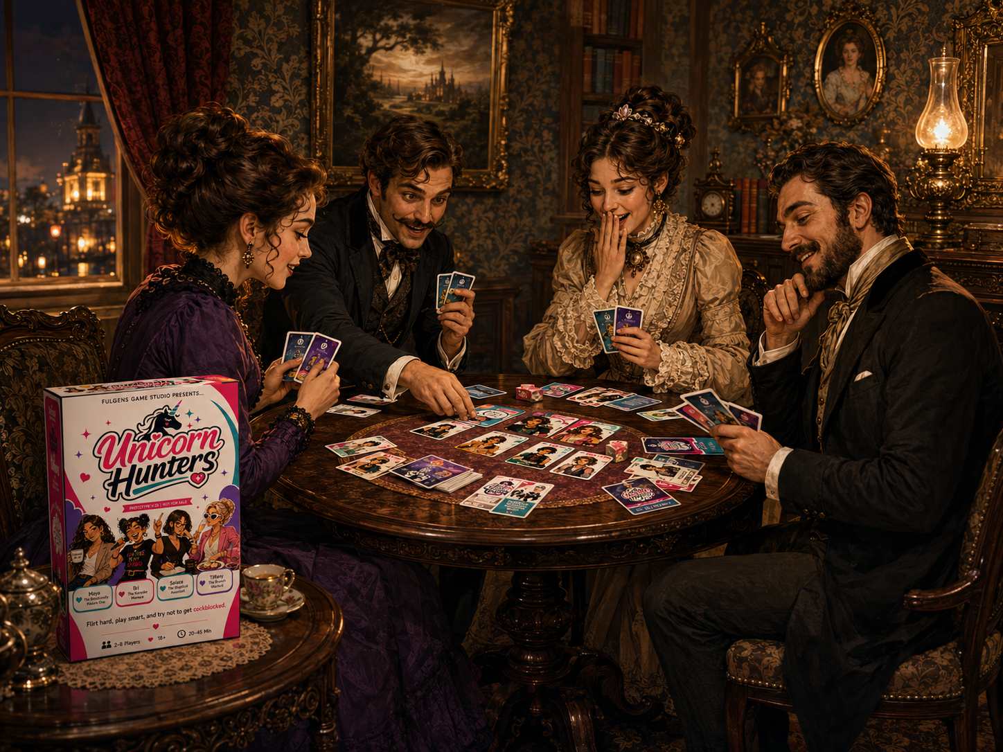 Victorian-era players gathered around a table playing Unicorn Hunters